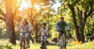 Ein Erwachsener rahdelt mit zwei Kindern auf einem Weg, der von Wiesen und Bäumen gesäumt ist.
